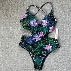 Victorias Secret One Piece Swimsuit Cut Out Sides Tie Back Black Floral Size XS